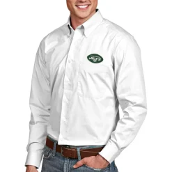 Sweaters & Dress Shirts^New York Jets Men's Antigua White Dynasty Woven Long Sleeve Button-Down Logo Shirt