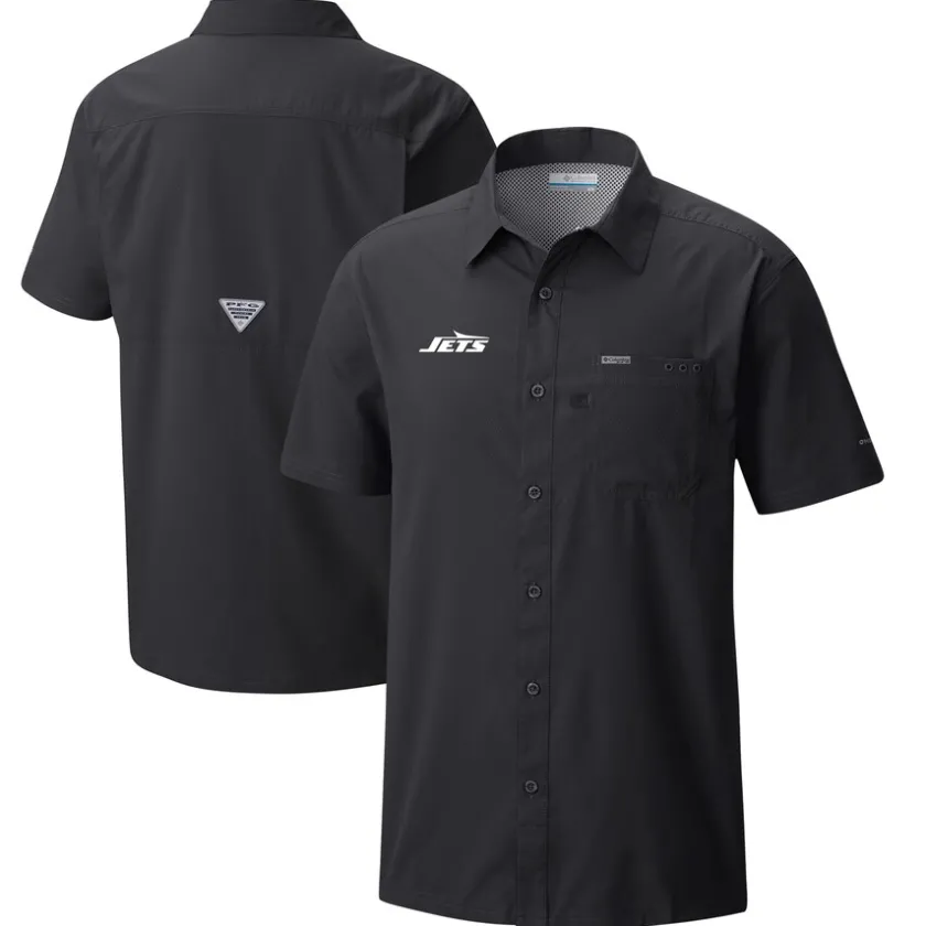 Sweaters & Dress Shirts^New York Jets Men's Columbia Black Slack Tide Omni-Wick Button-Up Camp Shirt