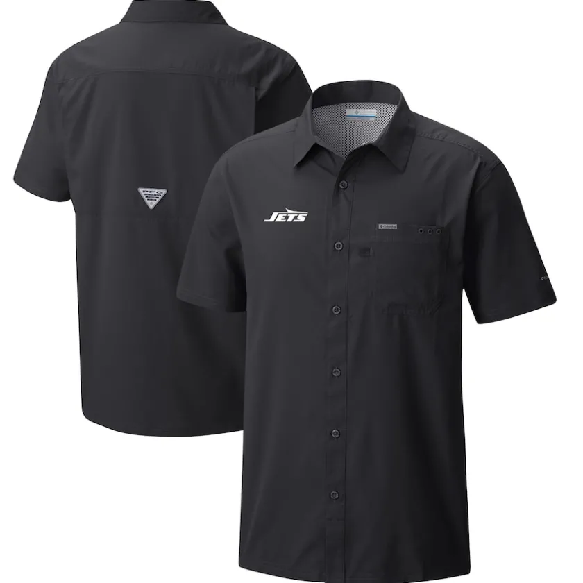 Sweaters & Dress Shirts^New York Jets Men's Columbia Black Slack Tide Omni-Wick Button-Up Camp Shirt