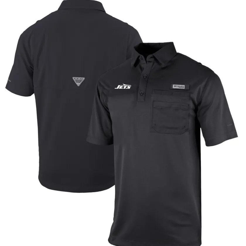Polos^New York Jets Men's Columbia Black Omni-Wick Flycaster Pocket Polo