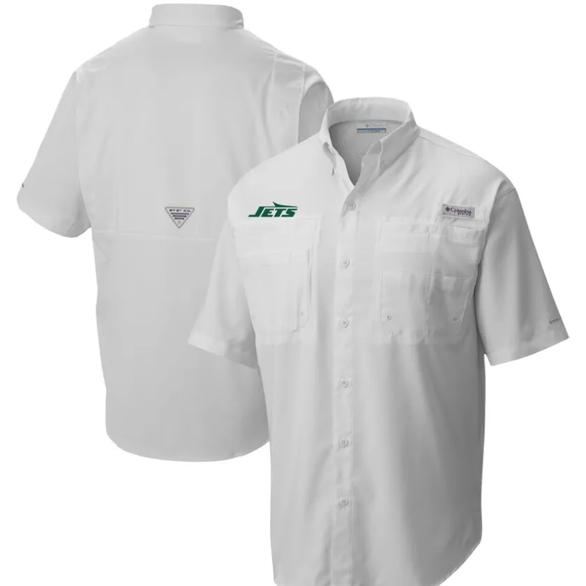 Polos|Sweaters & Dress Shirts^New York Jets Men's Columbia White Tamiami Omni-Shade Button-Down Shirt