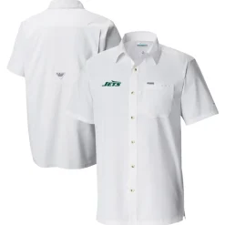 Sweaters & Dress Shirts^New York Jets Men's Columbia White Slack Tide Omni-Wick Button-Up Camp Shirt