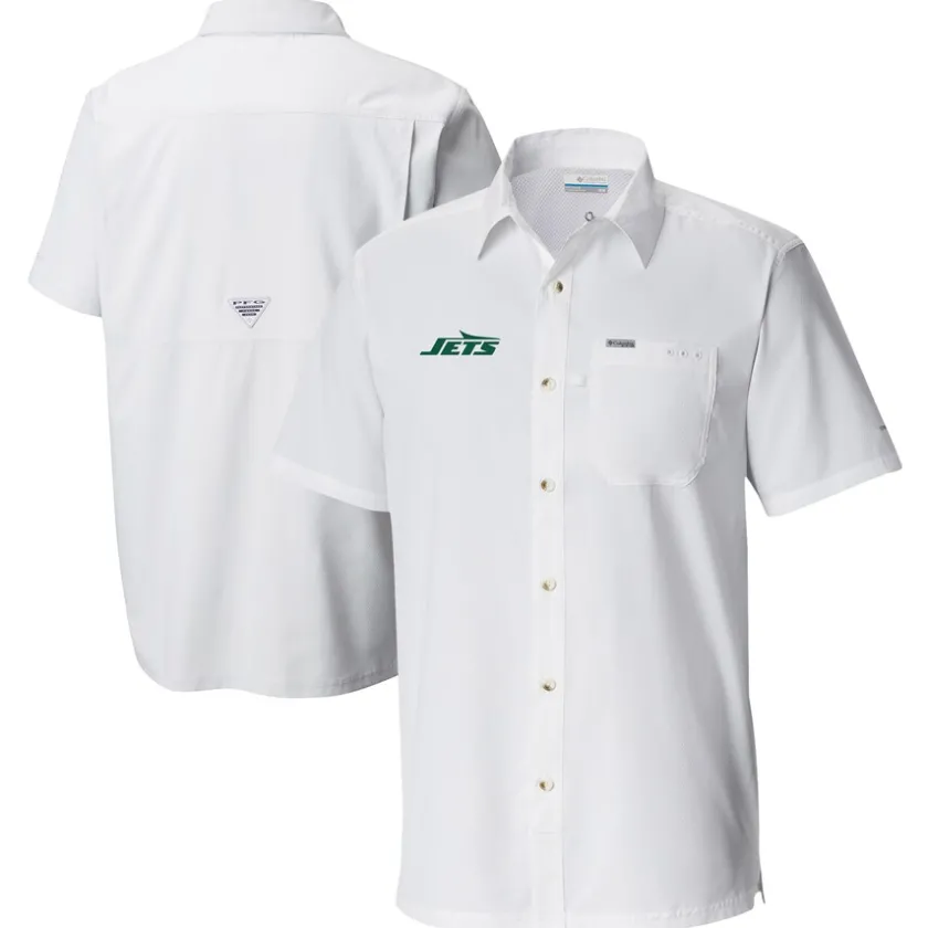 Sweaters & Dress Shirts^New York Jets Men's Columbia White Slack Tide Omni-Wick Button-Up Camp Shirt