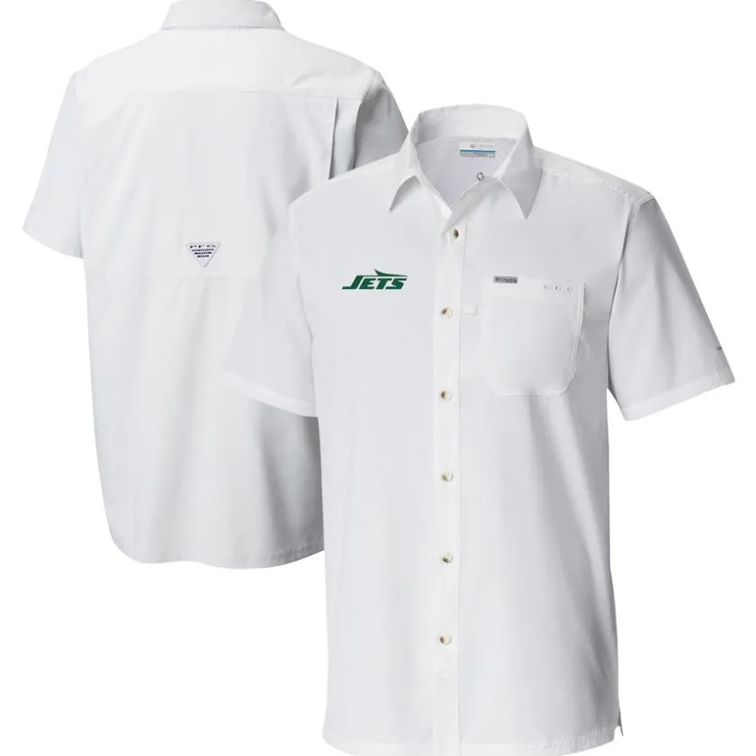 Sweaters & Dress Shirts^New York Jets Men's Columbia White Slack Tide Omni-Wick Button-Up Camp Shirt