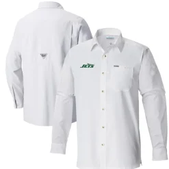 Sweaters & Dress Shirts^New York Jets Men's Columbia White Slack Tide Omni-Wick Button-Up Long Sleeve Shirt