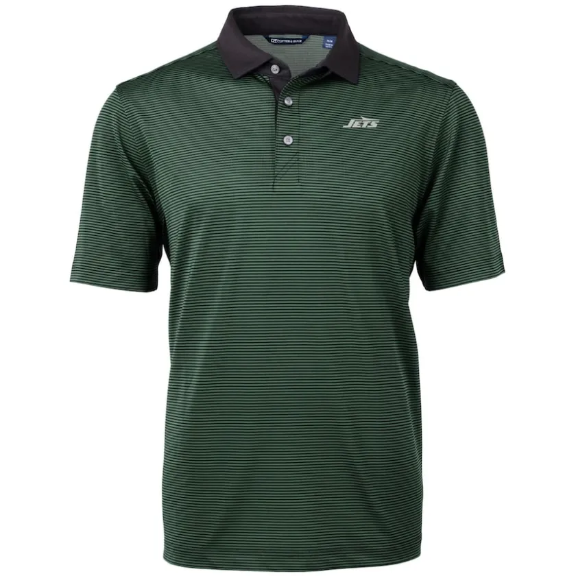 Polos^New York Jets Men's Cutter & Buck Hunter Green Primary Logo Virtue Eco Pique Micro Stripe Recycled Polo
