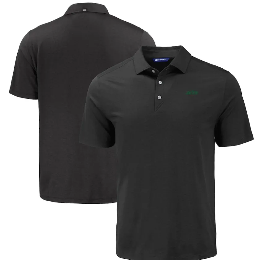 Polos^New York Jets Men's Cutter & Buck Black Primary Logo Coastline Epic Comfort Eco Recycled Polo