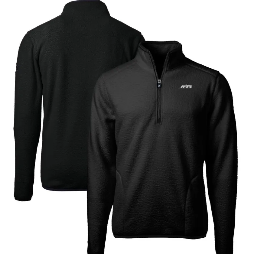 Big & Tall^New York Jets Men's Cutter & Buck Black Big & Tall Monochromatic Logo Cascade Eco Sherpa Fleece Quarter-Zip Jacket