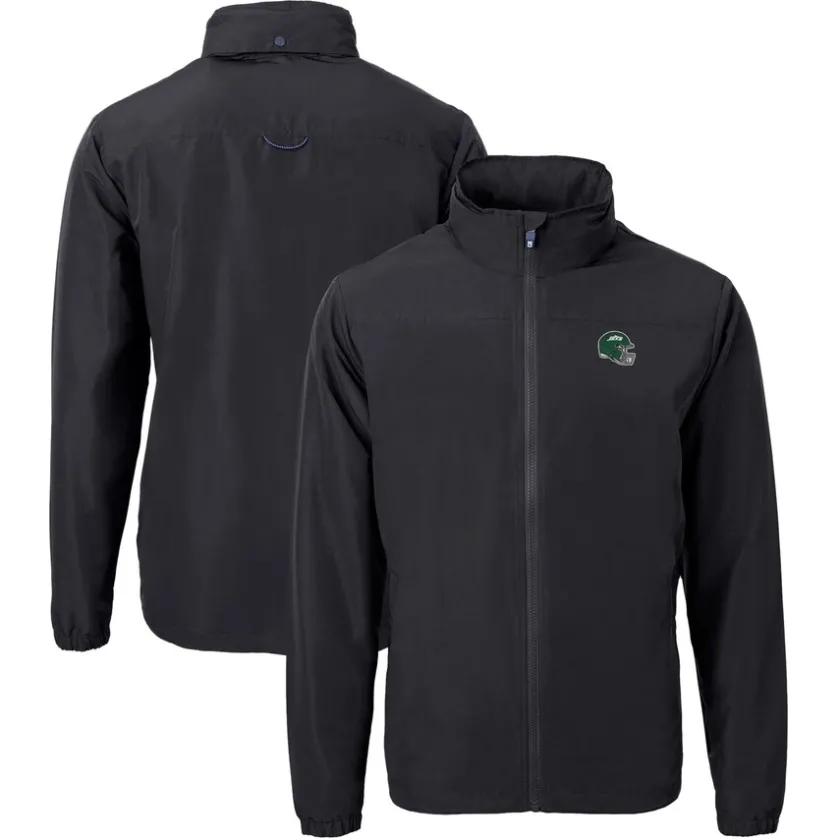 Big & Tall^New York Jets Men's Cutter & Buck Black Big & Tall Helmet Charter Eco Knit Recycled Full-Zip Jacket