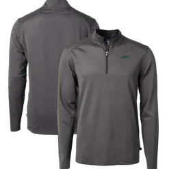 Big & Tall^New York Jets Men's Cutter & Buck Black/Gray Big & Tall Primary Logo Virtue Eco Pique Micro Stripe Recycled Quarter-Zip Top