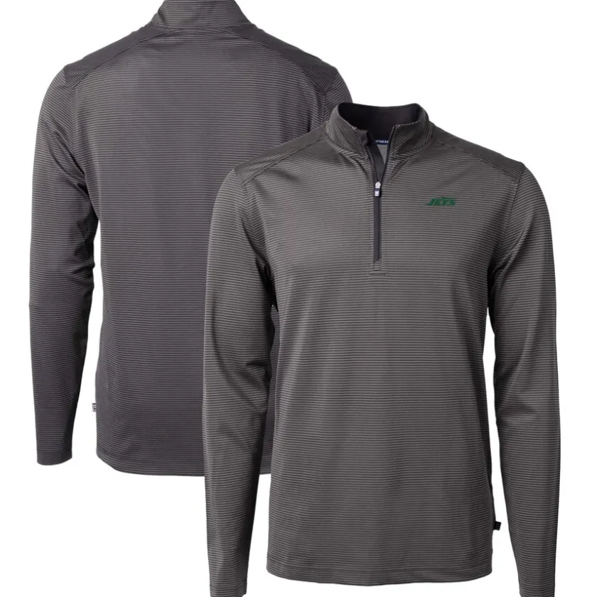 Big & Tall^New York Jets Men's Cutter & Buck Black/Gray Big & Tall Primary Logo Virtue Eco Pique Micro Stripe Recycled Quarter-Zip Top