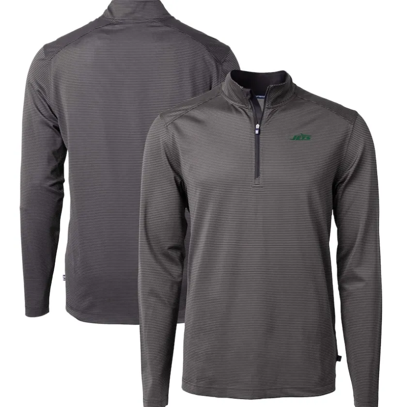 Big & Tall^New York Jets Men's Cutter & Buck Black/Gray Big & Tall Primary Logo Virtue Eco Pique Micro Stripe Recycled Quarter-Zip Top