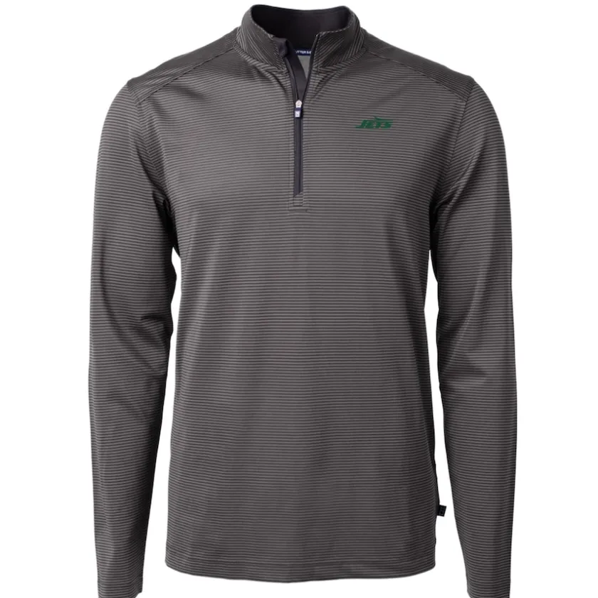 Big & Tall^New York Jets Men's Cutter & Buck Black/Gray Big & Tall Primary Logo Virtue Eco Pique Micro Stripe Recycled Quarter-Zip Top