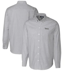 Sweaters & Dress Shirts^New York Jets Men's Cutter & Buck Charcoal Throwback Logo Big & Tall Stretch Oxford Stripe Long Sleeve Button Down Shirt