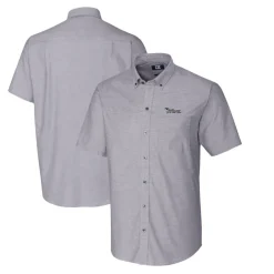 Sweaters & Dress Shirts^New York Jets Men's Cutter & Buck Charcoal Throwback Logo Stretch Oxford Button-Down Short Sleeve Shirt