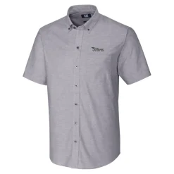 Sweaters & Dress Shirts^New York Jets Men's Cutter & Buck Charcoal Throwback Logo Stretch Oxford Button-Down Short Sleeve Shirt