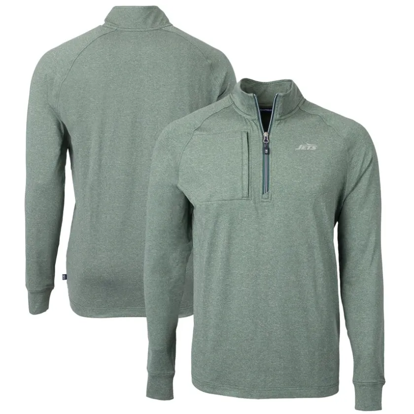 Jackets|Sweatshirts & Fleece^New York Jets Men's Cutter & Buck Heather Green Primary Logo Adapt Eco Knit Quarter-Zip Top