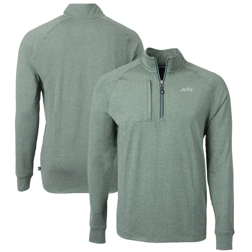 Jackets|Sweatshirts & Fleece^New York Jets Men's Cutter & Buck Heather Green Primary Logo Adapt Eco Knit Quarter-Zip Top