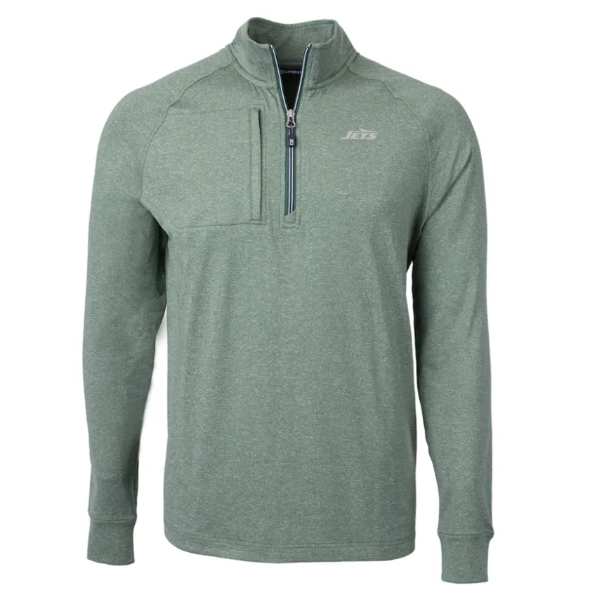 Jackets|Sweatshirts & Fleece^New York Jets Men's Cutter & Buck Heather Green Primary Logo Adapt Eco Knit Quarter-Zip Top