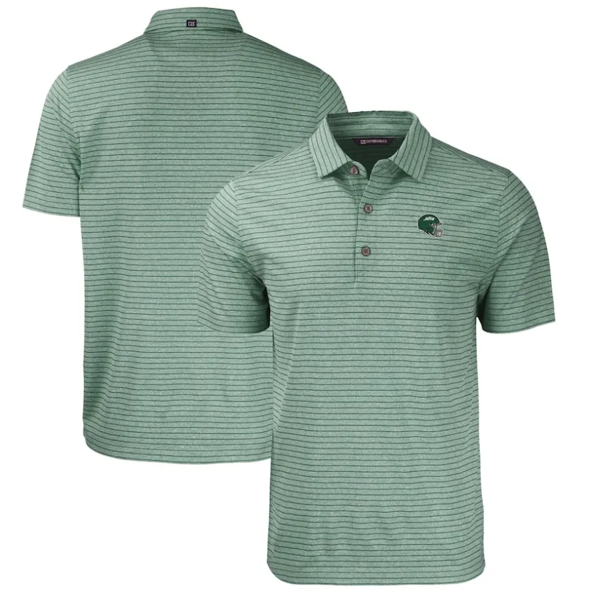 Polos^New York Jets Men's Cutter & Buck Heather Green Helmet Forge Eco Heather Stripe Stretch Recycled Polo