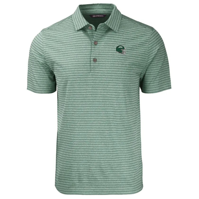Polos^New York Jets Men's Cutter & Buck Heather Green Helmet Forge Eco Heather Stripe Stretch Recycled Polo