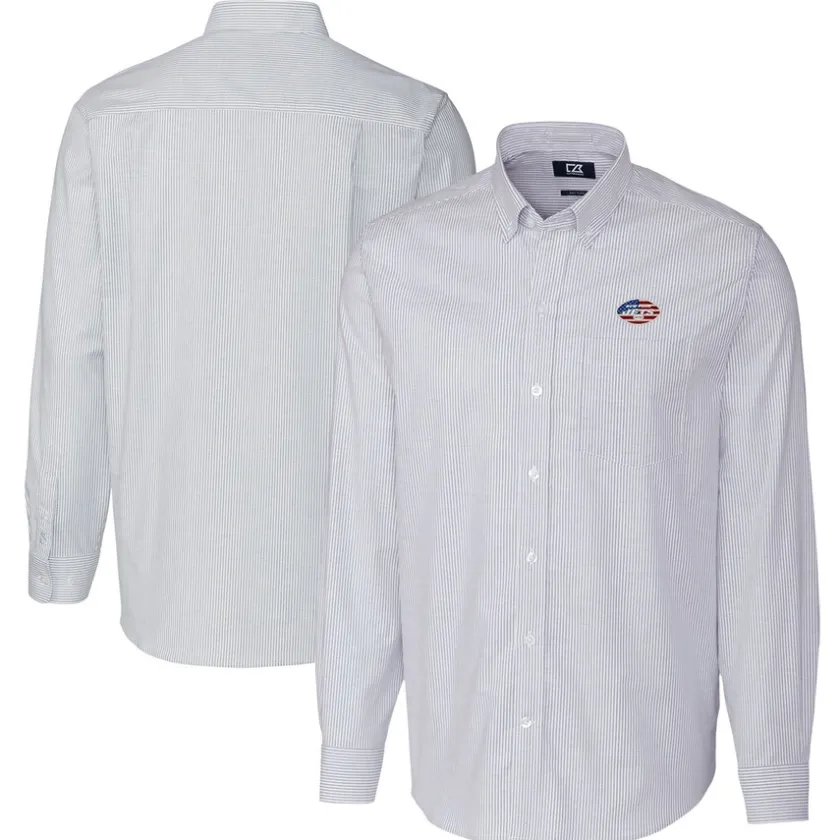Sweaters & Dress Shirts^New York Jets Men's Cutter & Buck Light Blue Big & Tall Stretch Oxford Stripe Long Sleeve Button-Down Shirt