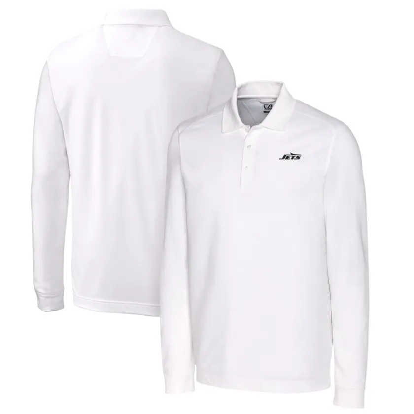 Polos^New York Jets Men's Cutter & Buck White Monochromatic Logo DryTec Advantage Tri-Blend Pique Long Sleeve Polo