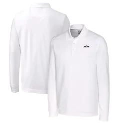 Polos^New York Jets Men's Cutter & Buck White Monochromatic Logo DryTec Advantage Tri-Blend Pique Long Sleeve Polo
