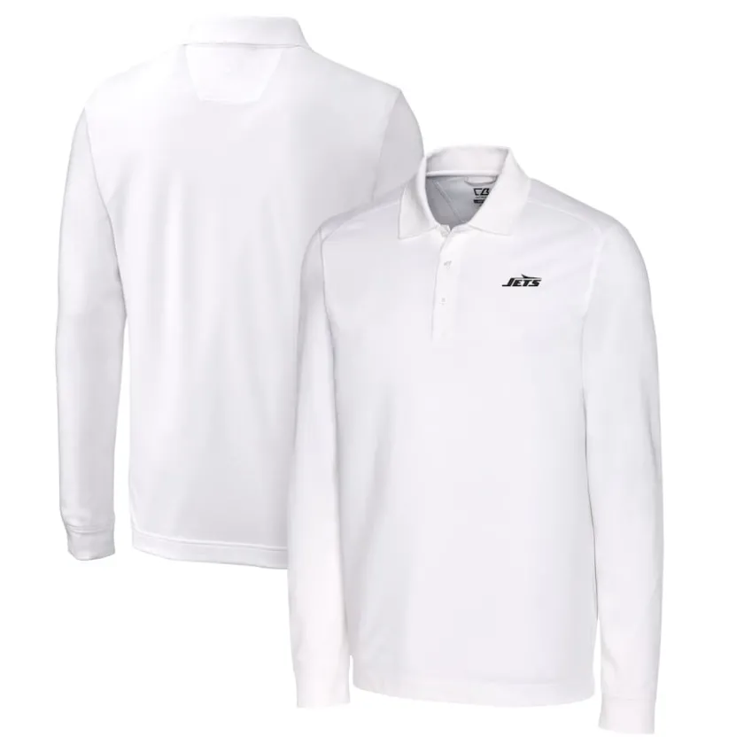 Polos^New York Jets Men's Cutter & Buck White Monochromatic Logo DryTec Advantage Tri-Blend Pique Long Sleeve Polo