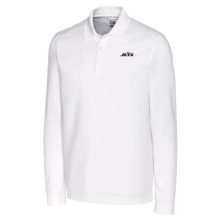 Polos^New York Jets Men's Cutter & Buck White Monochromatic Logo DryTec Advantage Tri-Blend Pique Long Sleeve Polo