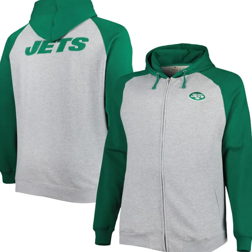 Big & Tall^New York Jets Men's Heather Gray Big & Tall Fleece Raglan Full-Zip Hoodie Jacket