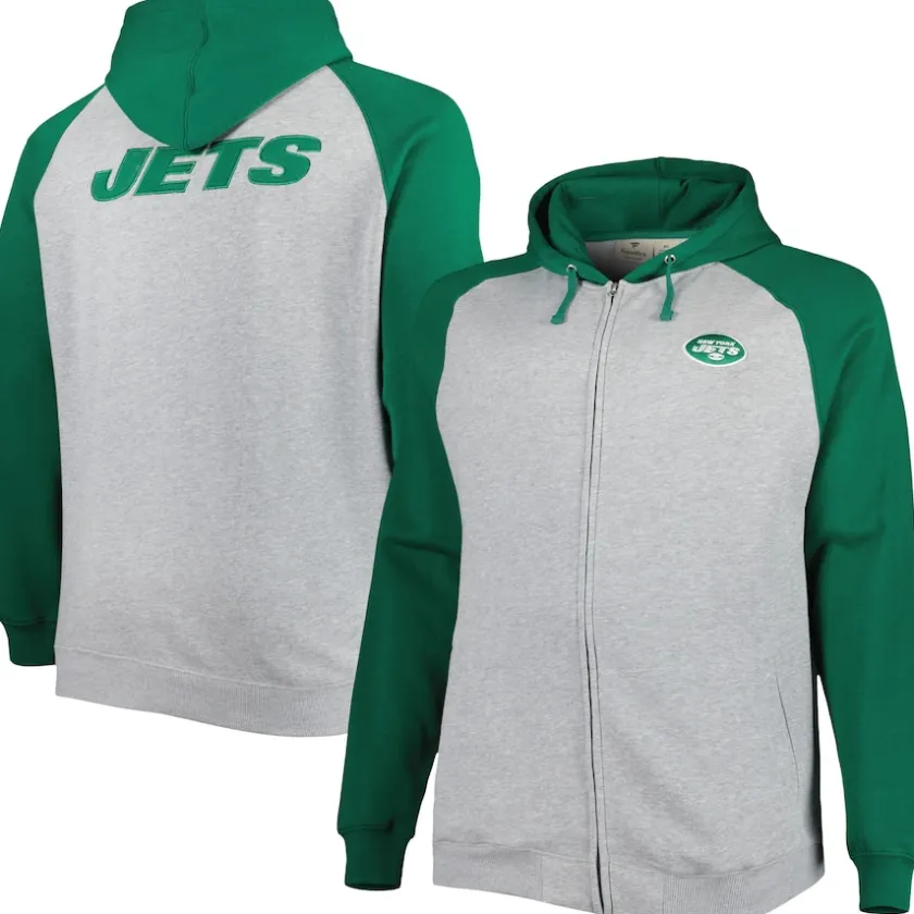 Big & Tall^New York Jets Men's Heather Gray Big & Tall Fleece Raglan Full-Zip Hoodie Jacket