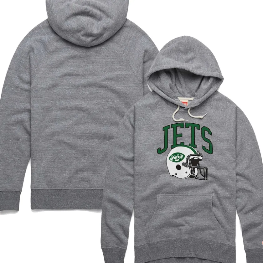 Sweatshirts & Fleece|Men^New York Jets Men's Homage Gray Retro Helmet Raglan Pullover Tri-Blend Hoodie