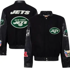 Jackets^New York Jets Men's Jeff Hamilton Black Wool & Leather Full-Snap Varsity Jacket