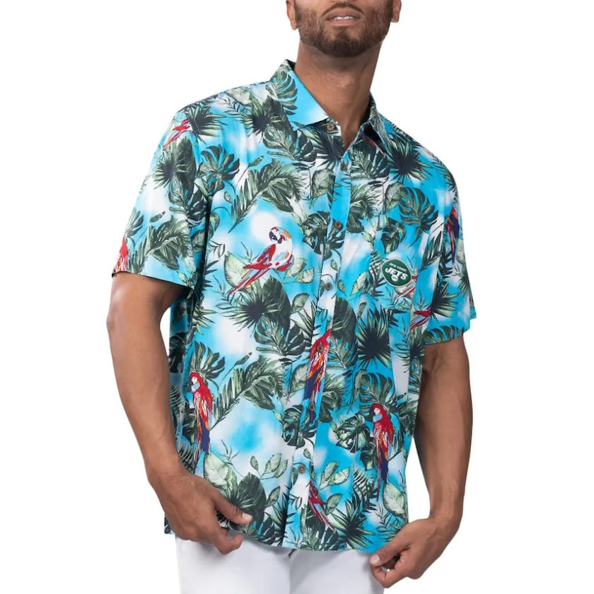 Sweaters & Dress Shirts^New York Jets Men's Margaritaville Light Blue Jungle Parrot Party Button-Up Shirt