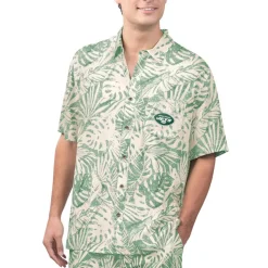 Sweaters & Dress Shirts^New York Jets Men's Margaritaville Tan Sand Washed Monstera Print Party Button-Up Shirt