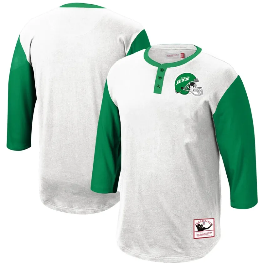 Long Sleeved^New York Jets Men's Mitchell & Ness White Legacy Slub Henley 3/4 Sleeve T-Shirt
