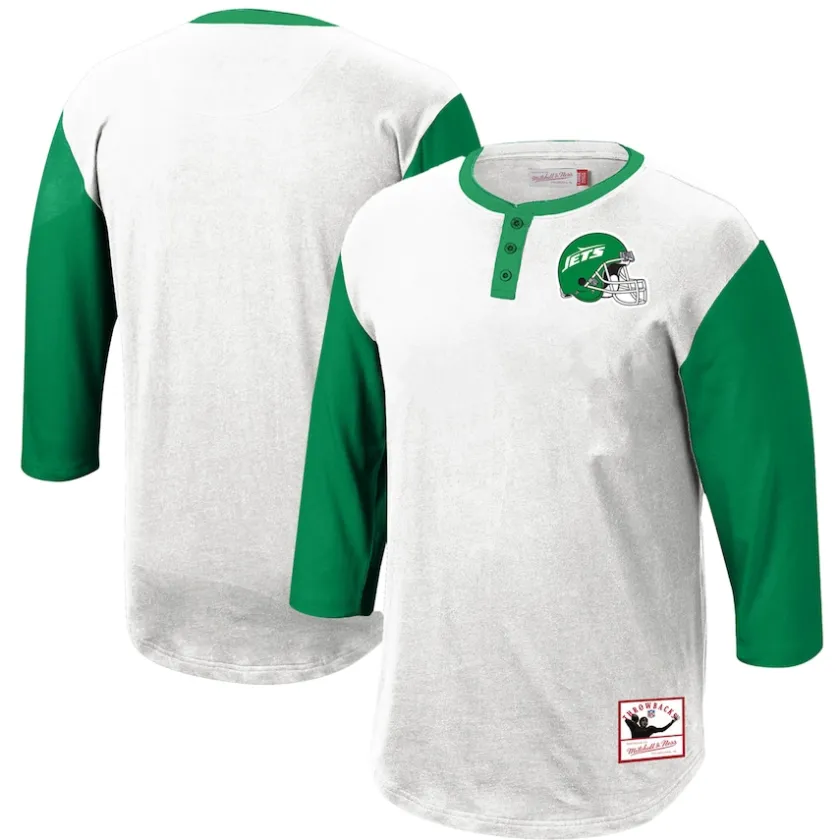 Long Sleeved^New York Jets Men's Mitchell & Ness White Legacy Slub Henley 3/4 Sleeve T-Shirt