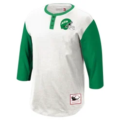 Long Sleeved^New York Jets Men's Mitchell & Ness White Legacy Slub Henley 3/4 Sleeve T-Shirt