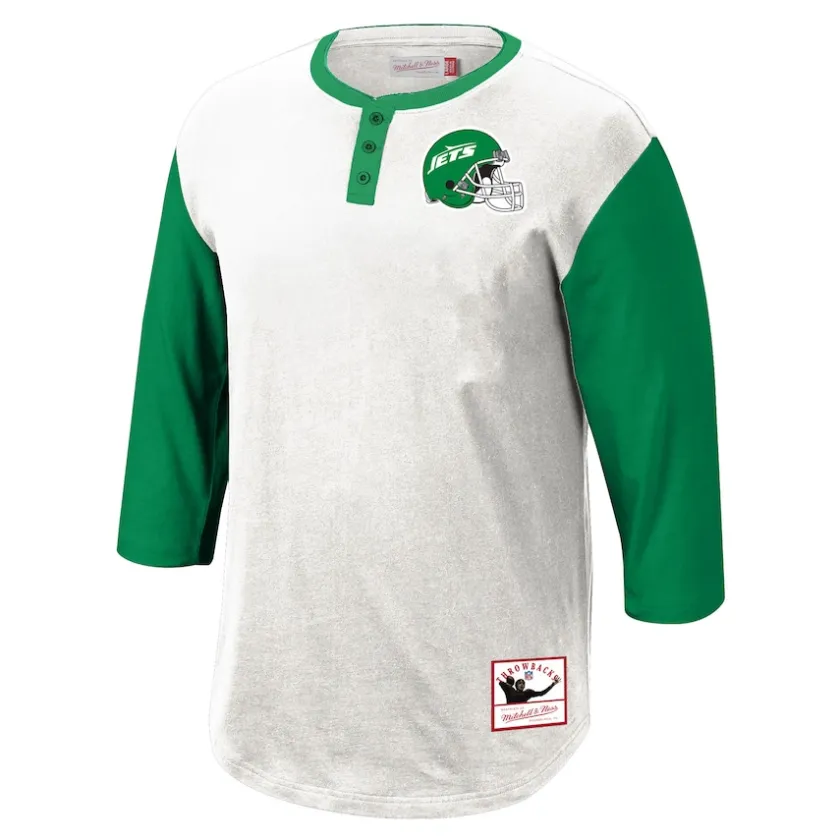 Long Sleeved^New York Jets Men's Mitchell & Ness White Legacy Slub Henley 3/4 Sleeve T-Shirt