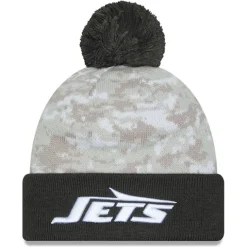 Hats|Men^New York Jets Men's New Era White/Graphite 2024 Salute To Service Digital Camo Cuffed Knit Hat With Pom