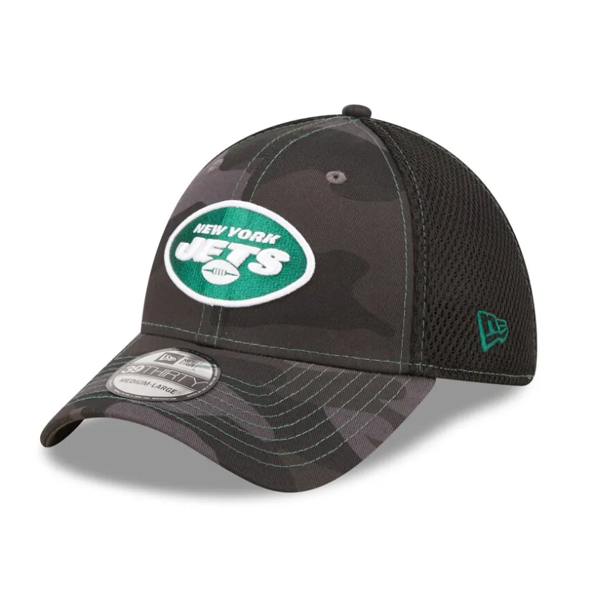 Flex^New York Jets Men's New Era Camo/Black Logo Neo 39THIRTY Flex Hat
