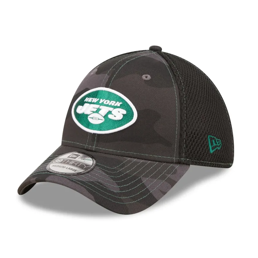 Flex^New York Jets Men's New Era Camo/Black Logo Neo 39THIRTY Flex Hat