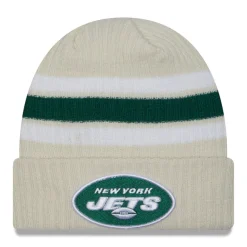 Knit^New York Jets Men's New Era Cream Team Stripe Cuffed Knit Hat