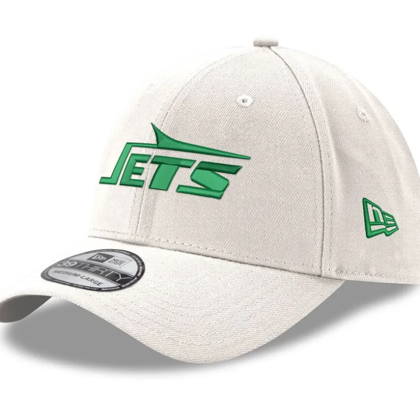 Flex^New York Jets Men's New Era White Throwback Wordmark Iced II 39THIRTY Flex Hat