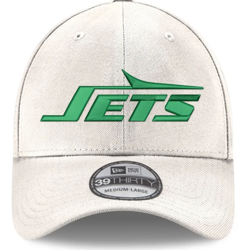 Flex^New York Jets Men's New Era White Throwback Wordmark Iced II 39THIRTY Flex Hat