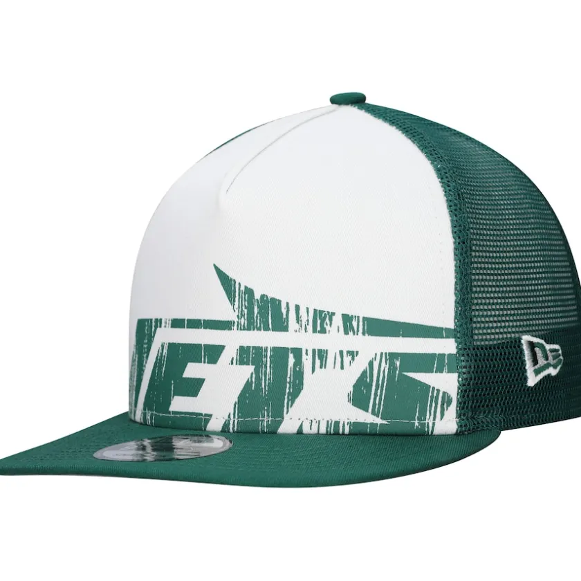 Snapback^New York Jets Men's New Era White/Green Distressed 9FIFTY A-Frame Snapback Hat