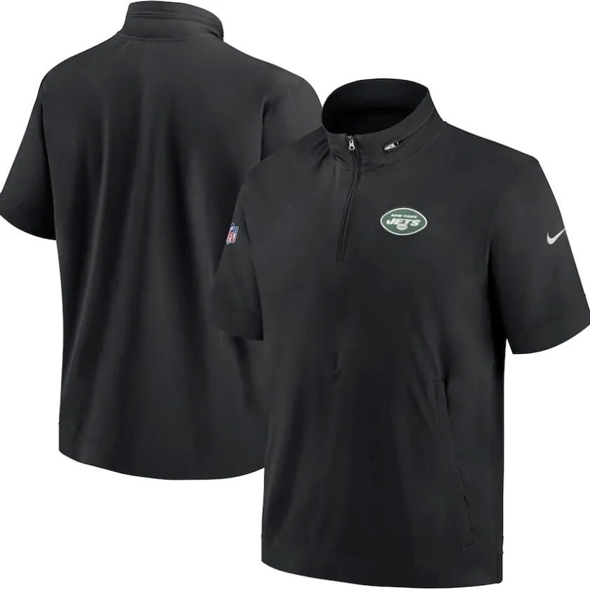 Sweatshirts & Fleece|Men^New York Jets Men's Nike Black Sideline Coach Short Sleeve Hoodie Quarter-Zip Jacket