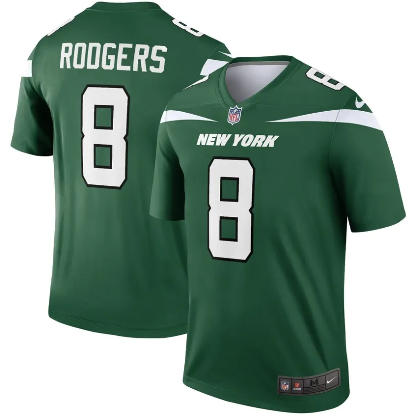 Nike Legend|Short Sleeved^New York Jets Men's Nike Aaron Rodgers Gotham Green Team Legend Player Performance Top