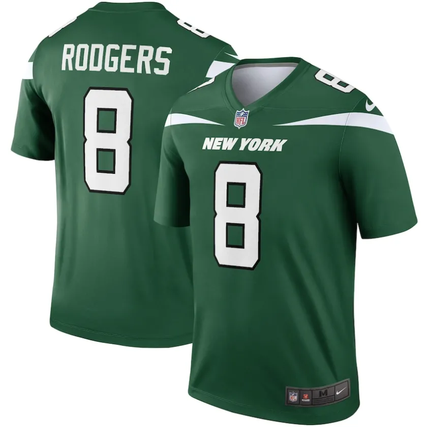 Nike Legend|Short Sleeved^New York Jets Men's Nike Aaron Rodgers Gotham Green Team Legend Player Performance Top